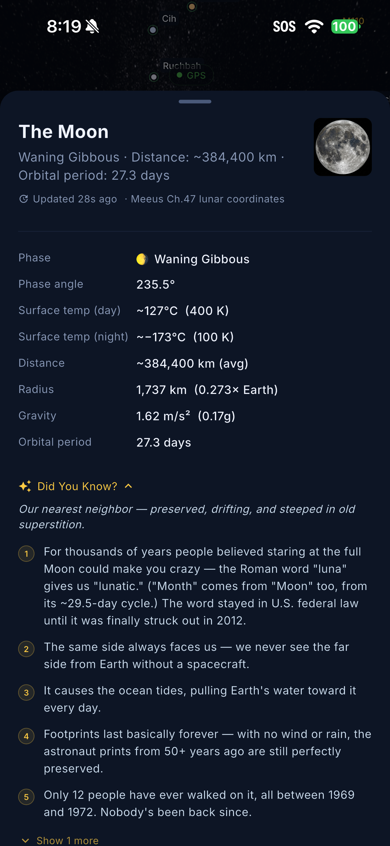 A Moon detail sheet with phase information and expandable facts.