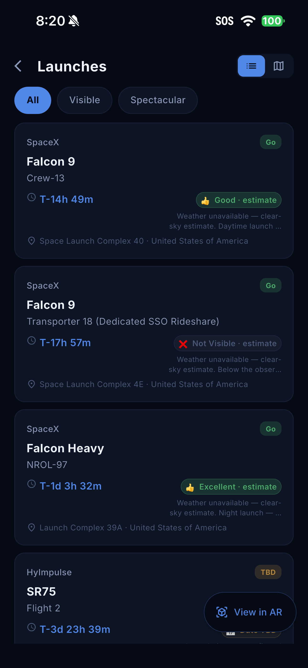 Launch cards show countdowns, status, and visibility estimates.