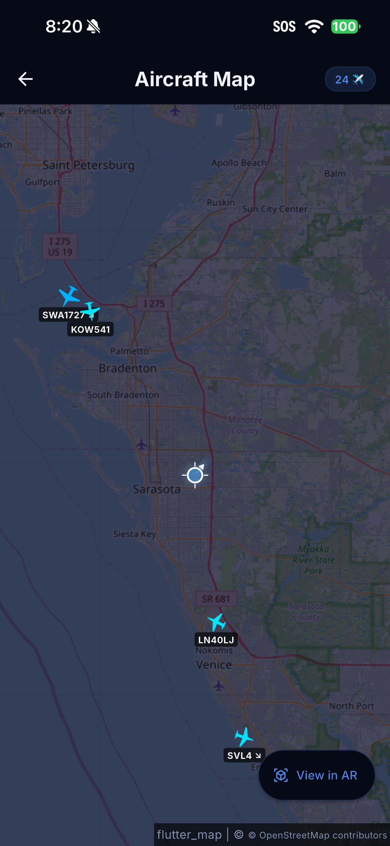 Aircraft Map with callsigns and a View in AR control.